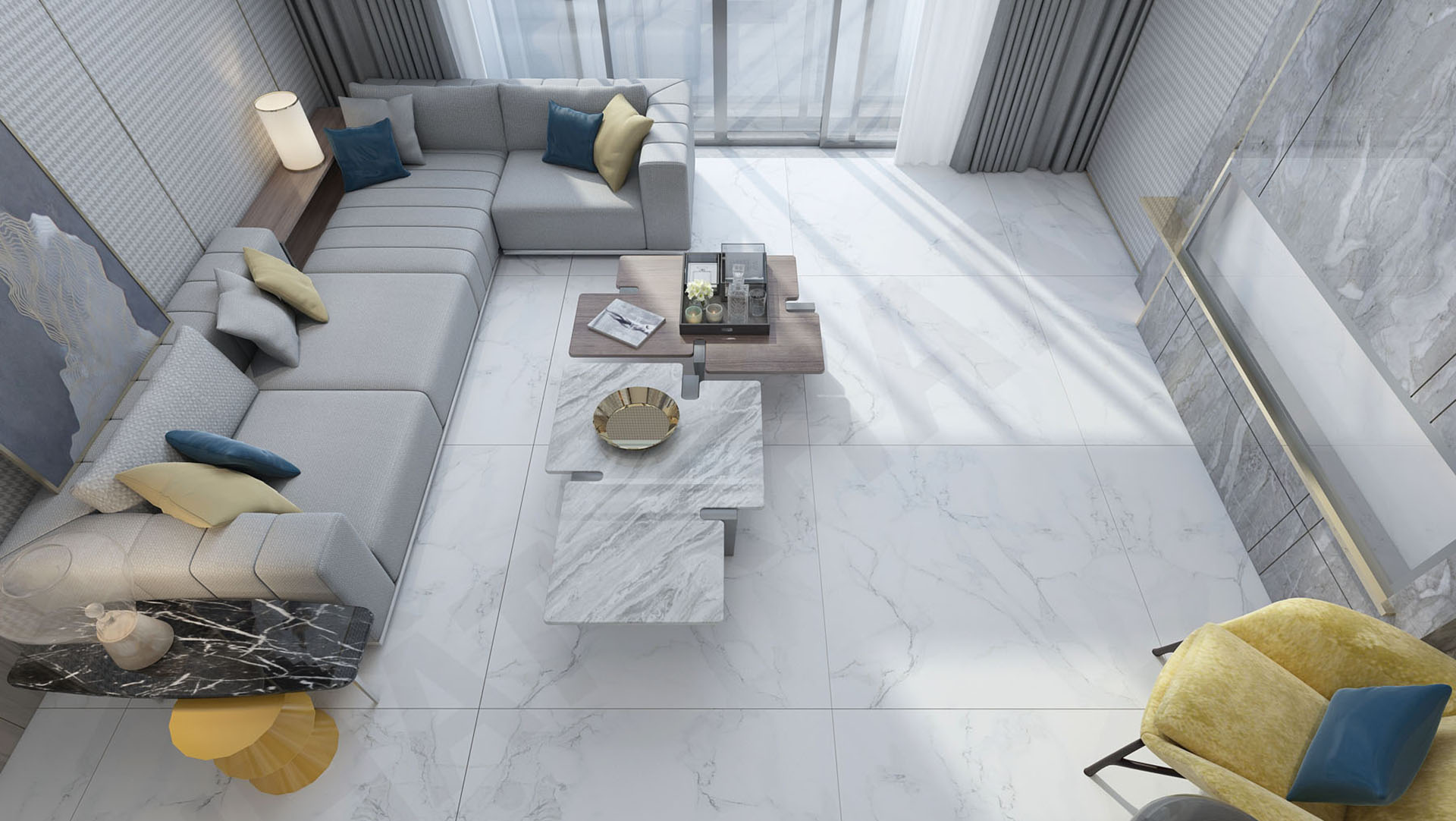 thiết kế phòng khách mớ imẻ với gạch marble